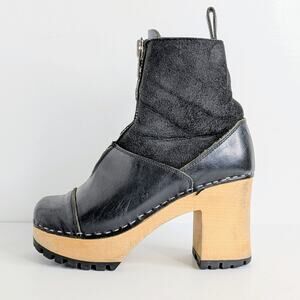Swedish Hasbeens Platform Ankle Clogs 36 Black Leather Fleece Lined 6-6.5